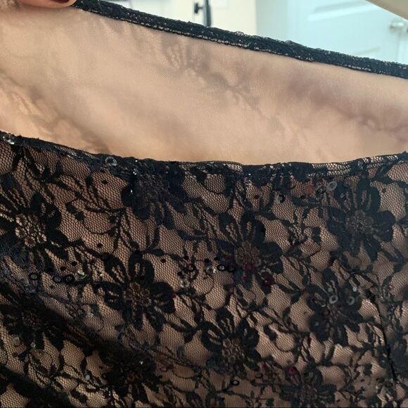 Twenty One black lace one-sleeved dress with sheer lace sleeve and tan liner - Picture 6 of 8